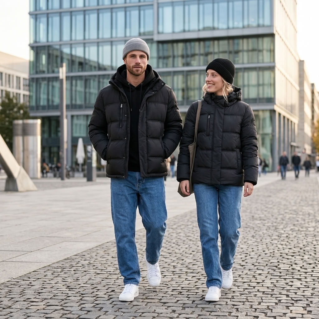 Pufferjacke, Winterjacke, Schwarze Jacke, Beanie, Blaue Jeans, Pufferjacke, schwarze Jacke, Beanie, blaue Jeans, weiße Sneakers, Pufferjacke, schwarze Jacke, Kapuzenschnitt, Beanie, Blaue Jeans, Pufferjacke, Herrenjacke, Damenjacke, Jeans, Weiße Sneaker