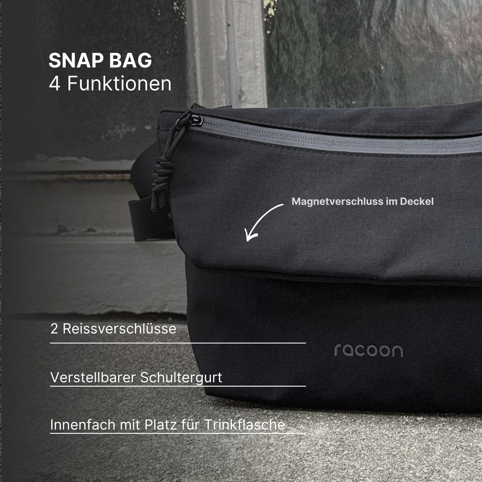 snap-Tasche, Schultertasche, schwarz, Reißverschluss, Magnetverschluss, Snap bag, Kameratasche, Magnetverschluss, Verstellbarer Schultergurt, Innenfach mit Platz für Trinkflasche