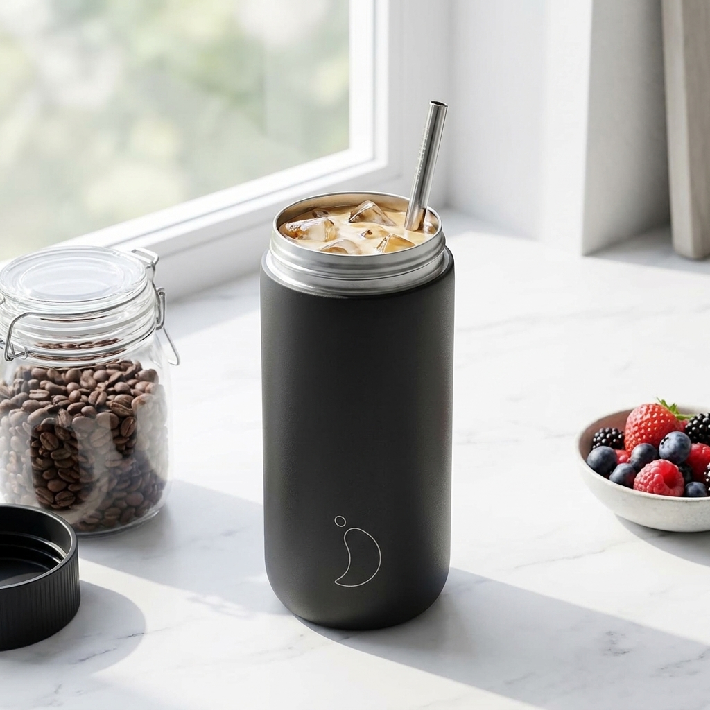 Kaffeebecher, Thermobecher, Stahlbecher, Kaltgetränk, Strohhalm