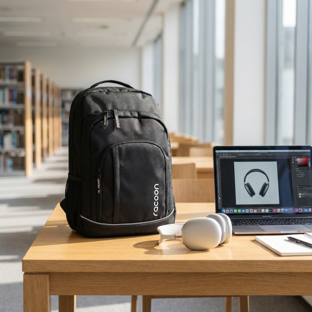 Rucksack, Schwarz, Laptop, Kopfhörer, Campus/Bibliothek