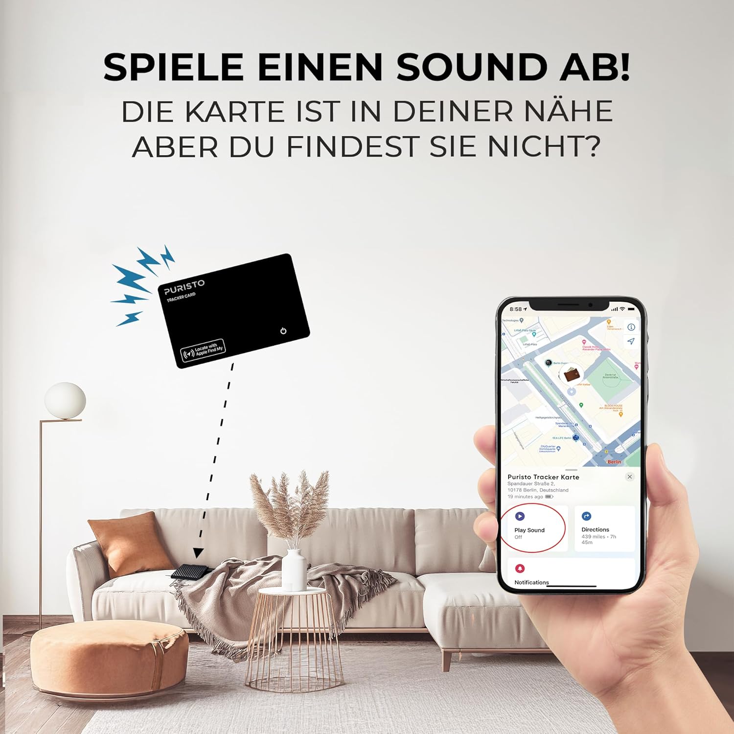 Tracker-Karte, Bluetooth-Karte, GPS-Karte, Karte auf Sofa, Smartphone-App