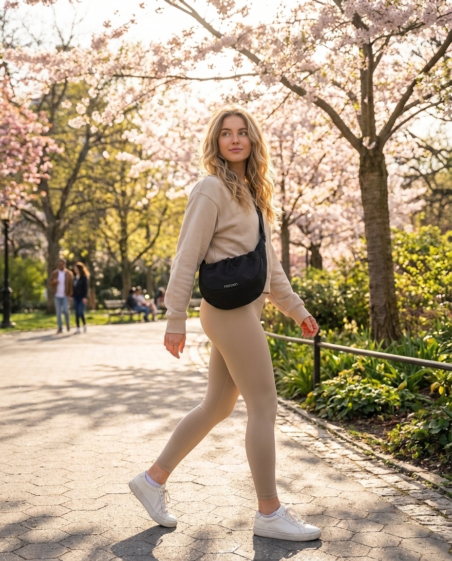 Sportbekleidung, Leggings, Umhängetasche, Sneaker, Sommeroutfit, Tasche, schwarze Tasche, Crossbody, Beige Outfit, Leggings