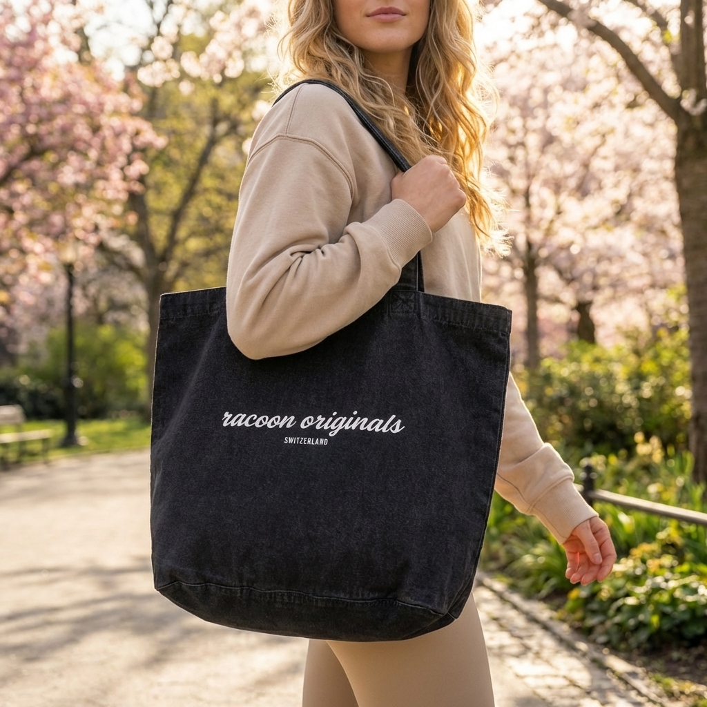 Tote-Tasche, schwarze Tote, Canvas-Tasche, Schultertasche, raccoon originals Logo