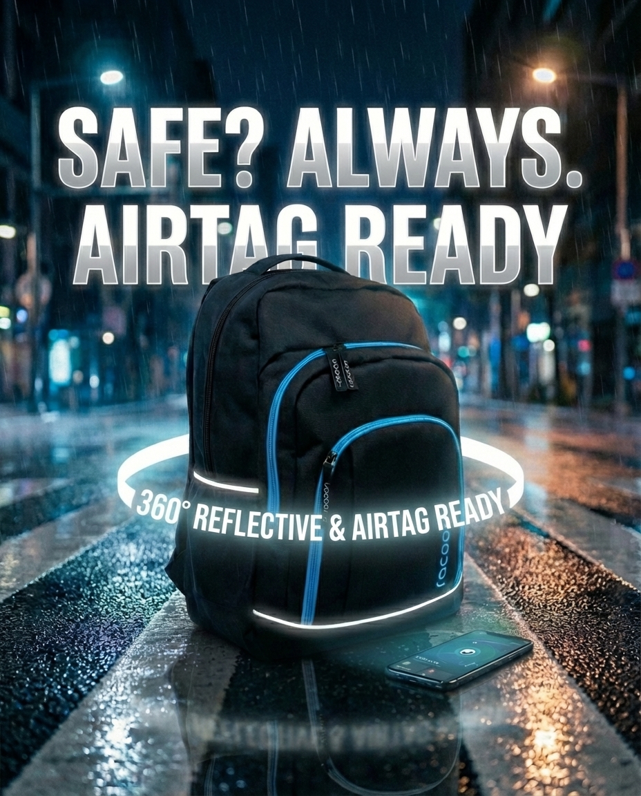 Rucksack, Backpack, Reflektierend, Regen, Airtag-Ready, Rucksack, Regen, reflektierend, blauer Reißverschluss, Stadt