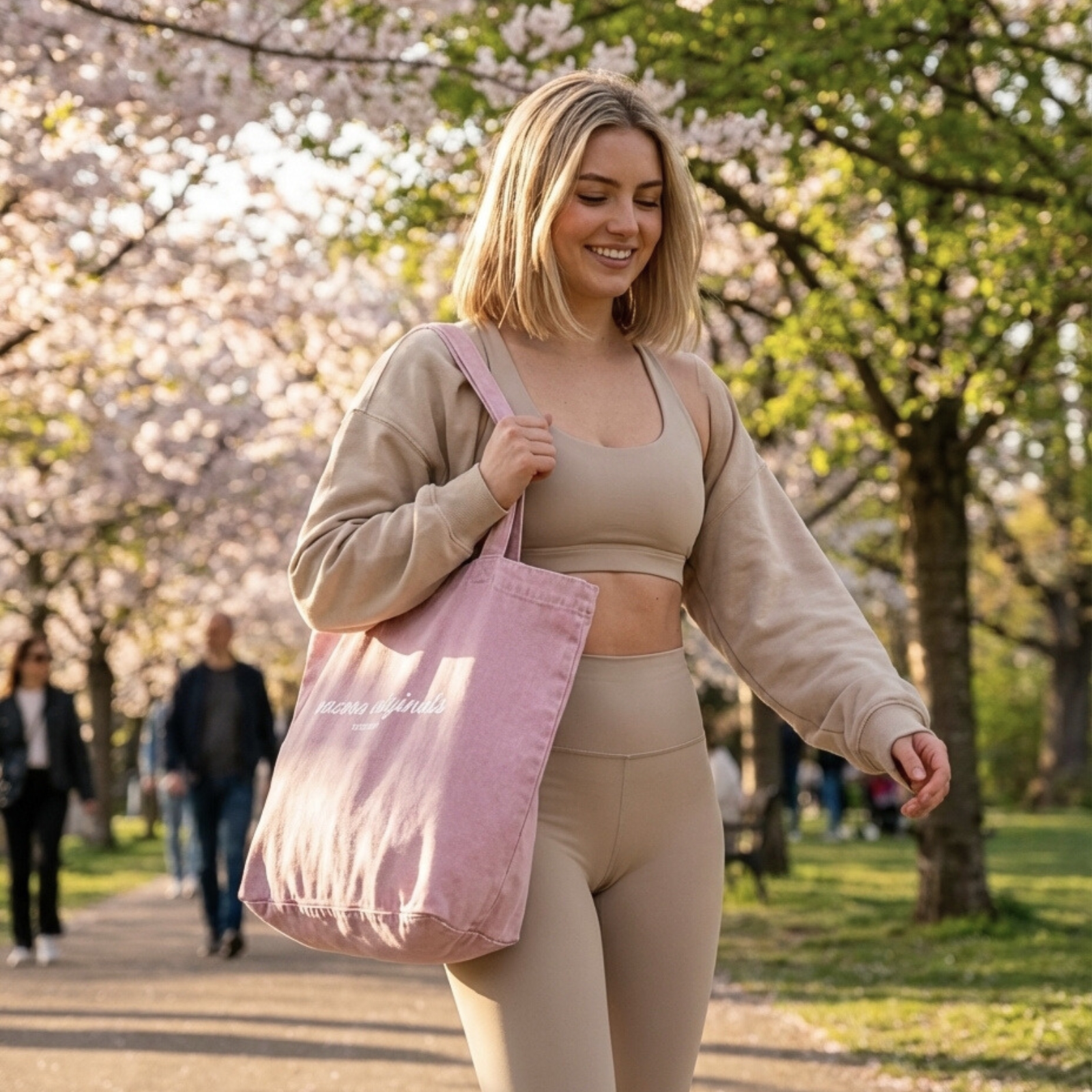 Tote-Tasche, rosa Tasche, Canvas Tasche, Fitnessoutfit, beige Sportbekleidung