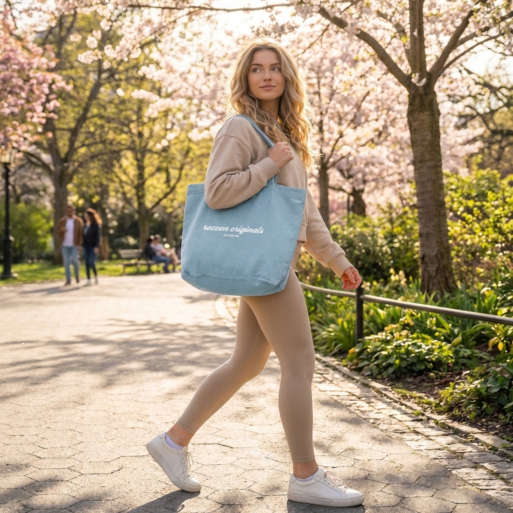 Tasche, blaue Tasche, Canvas-Tasche, casual Outfit, beige Trainingsanzug