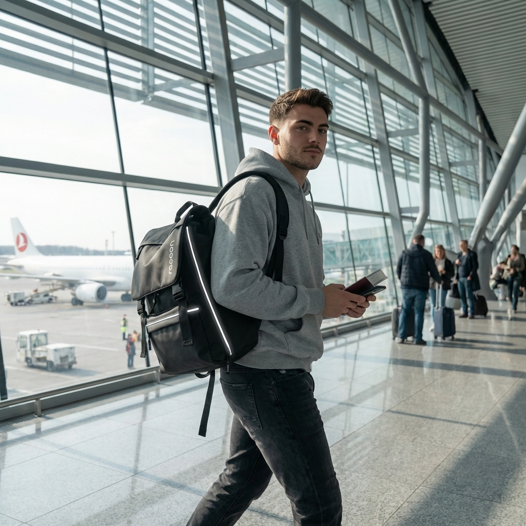 Rucksack, Hoodie, Grau, Alltag, Reisen, Rucksack, Hoodie grau, Grau Hoodie, Reisender, Flughafen