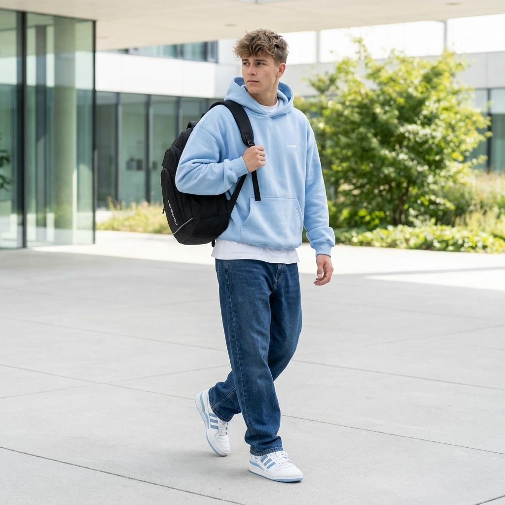 racoon everyday, Hoodie, Pastellblau, Rucksack, Jeans, Sneaker
