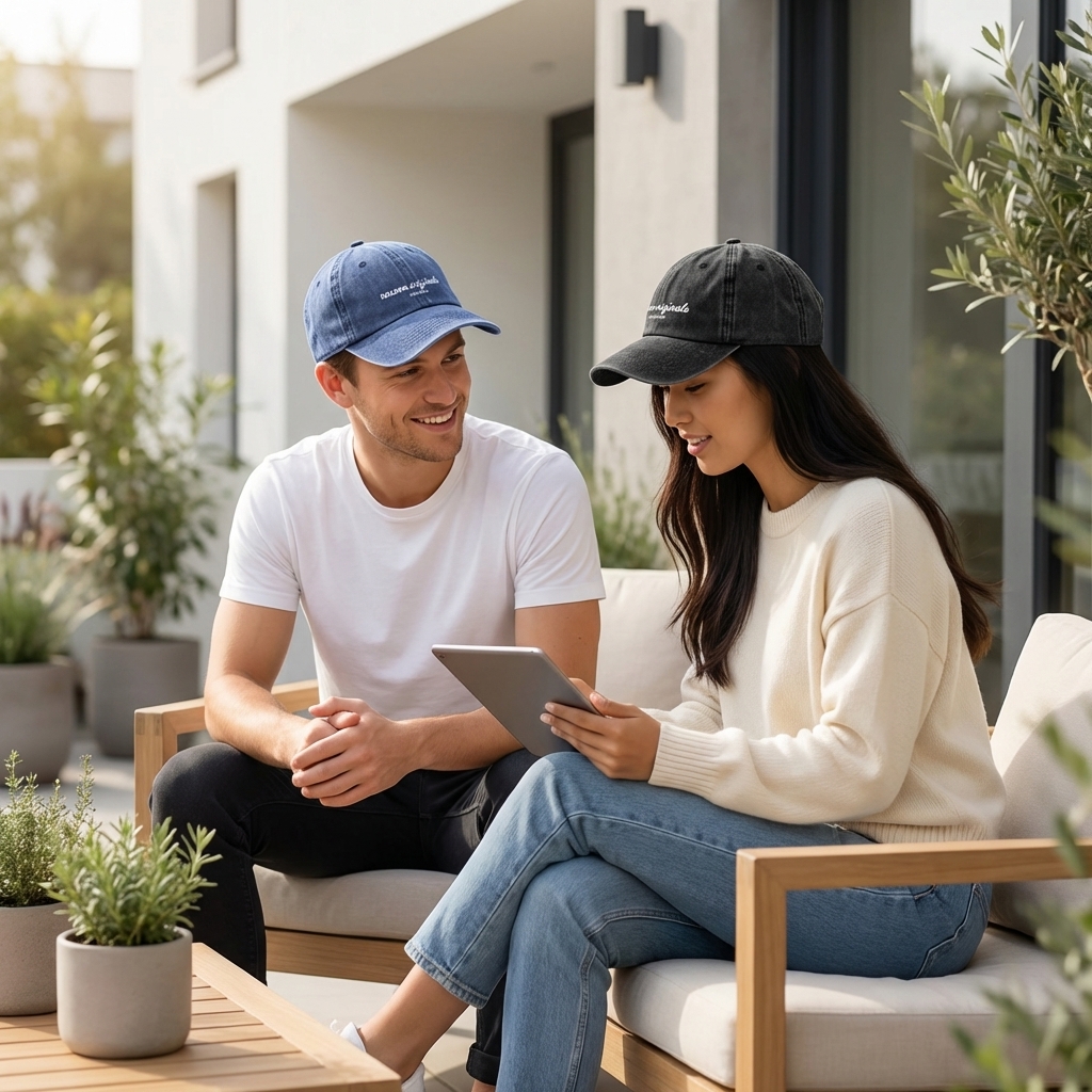 Baseballmütze, blaue Kappe, gekrümmte Krempe, casual Kleidung, Außenbereich Szene, Kappe, Baseballkappe, blaue Kappe, Frau, Tablet, im Freien, Paar, Casualwear, neutrale Farben, Sonnenbrille