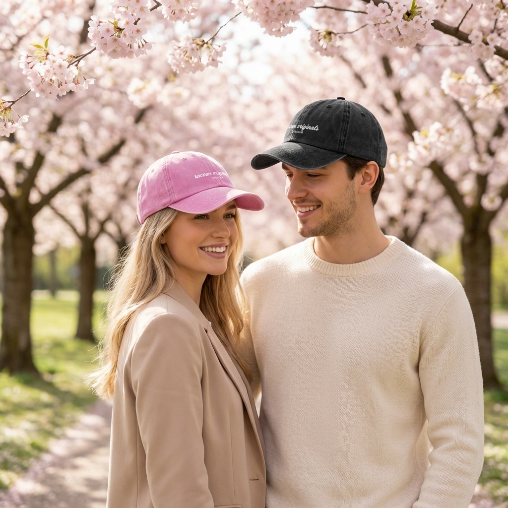 Baseballkappe, casualer Look, Outdoor-Party, Smartphone, Kirschblüten, Hut, Baseballkappe, Beige Mantel, Rosa Cap, Paarfoto, Baseballkappe, rosa Cap, Frauenaccessoire, Casualwear, Outdoor-Paar