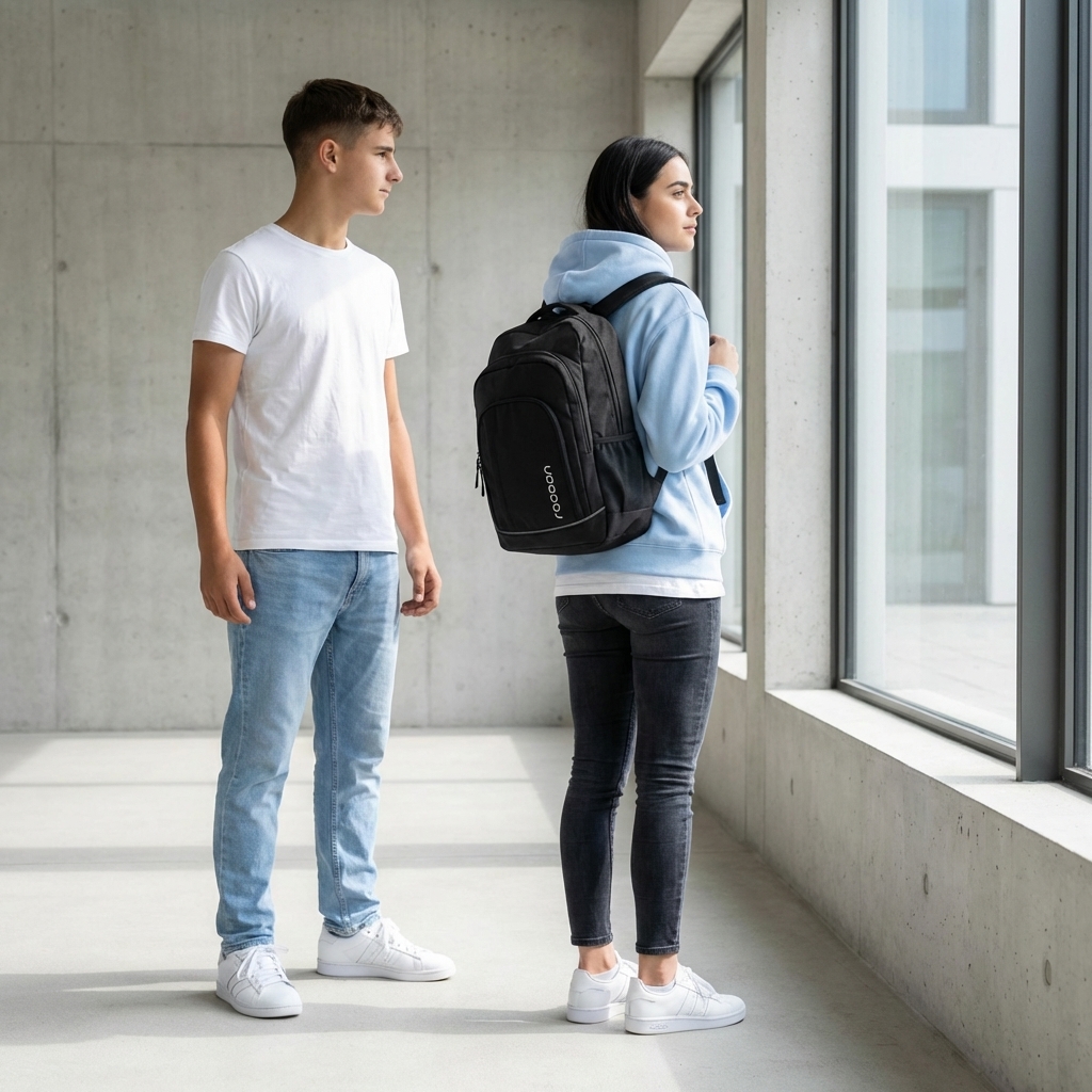 Rucksack, schwarzer Rucksack, Studenten, Casualoutfit, weiße Sneaker, Rucksack, schwarzer Rucksack, Schulrucksack, Schüler, freizeitoutfit