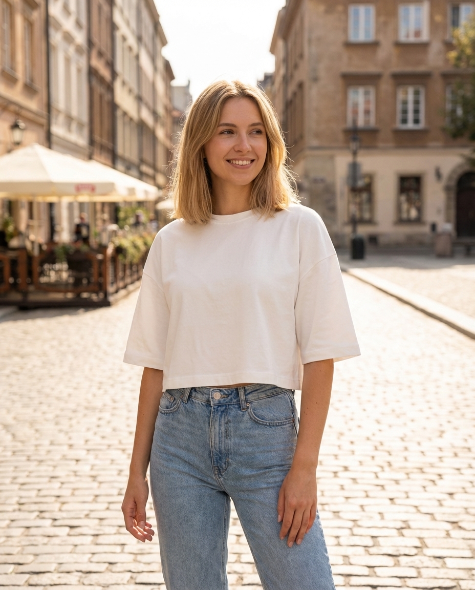 T-Shirt, Weit geschnitten, Kurzärmlig, helles Kleidungsstück, Jeans, T-Shirt, Kurzarm, Weiß, Cropped, Jeans