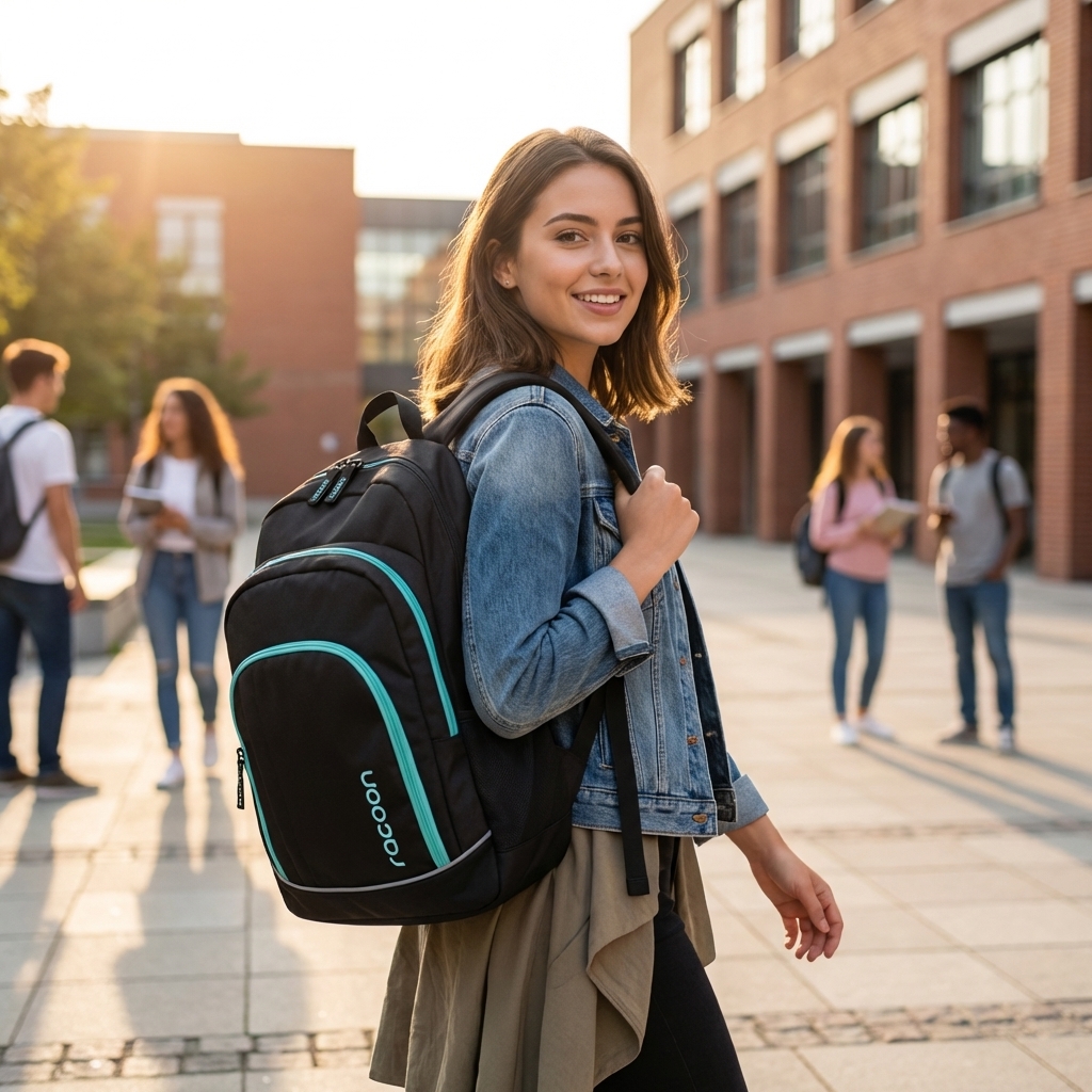 Rucksack, Studentin, Denimjacke, schwarze Tasche, türkis Akzente