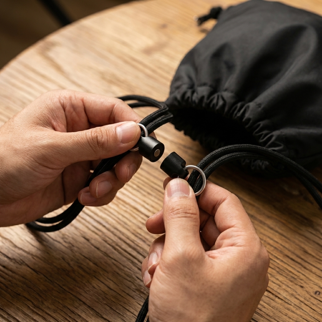 Kordelzug, Beutelverschluss, Geldbörse, Zugkordel, Reißverschluss, Drawstring bag, Cord lock, Schwarzer Stoff, Drawstring, Kordensockel