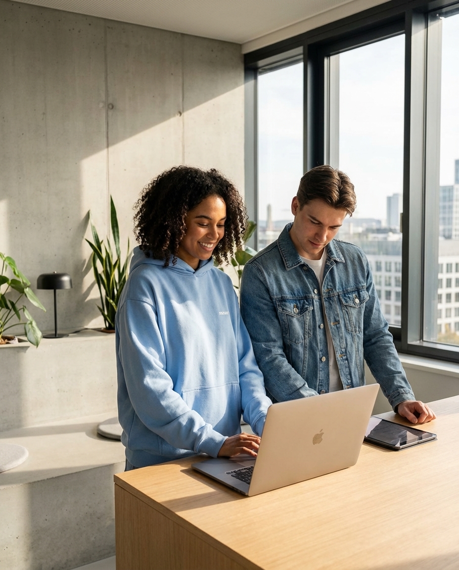 hoodie, blau, casual, laptop, paar