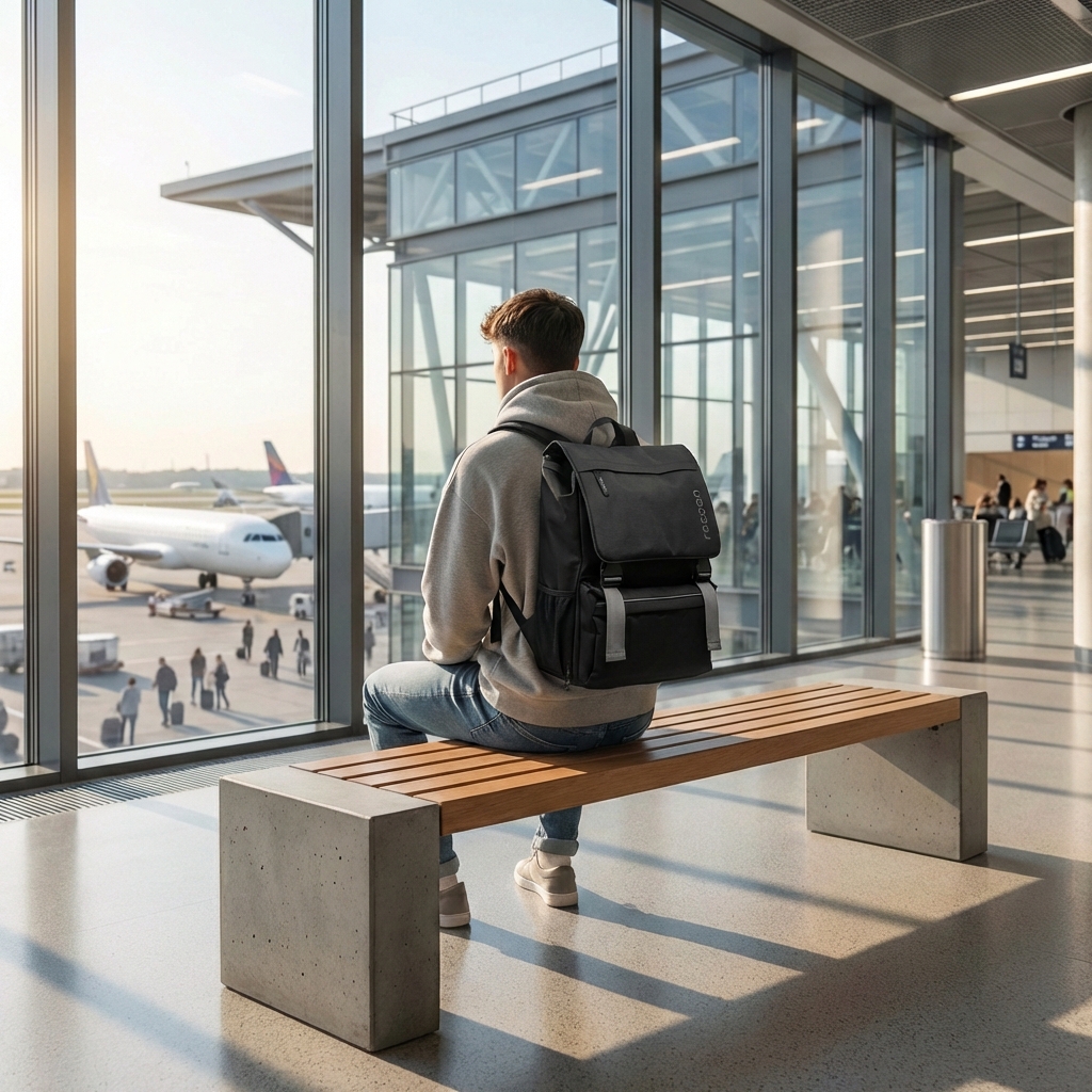 Flughafen, Terminal, Person, Sitzen, Mann